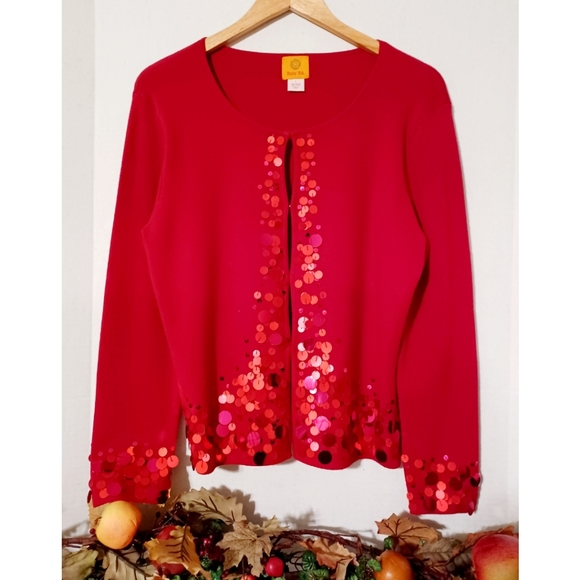 Ruby Rd. Red Sequin Detail Long Sleeve Knit Cardigan - Picture 2 of 16